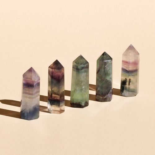 Fluorite Points in the shades of green, pink, and purple