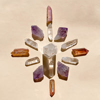 This set features 1 medium Clear Quartz Point (5-6cm), 6 polished Clear Quartz points, 4 Amethyst teeth (2-3cm), and 4 Orange Aura Quartz necklace points, combining intuition, clarity, and creativity energies