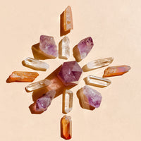 I Am Peaceful & Inspired set featuring 1 medium Amethyst Quartz Point (5-6cm), 6 polished Clear Quartz points, 4 Amethyst teeth (2-3cm), and 4 Orange Aura Quartz necklace points, combining intuition, clarity, and creativity energies