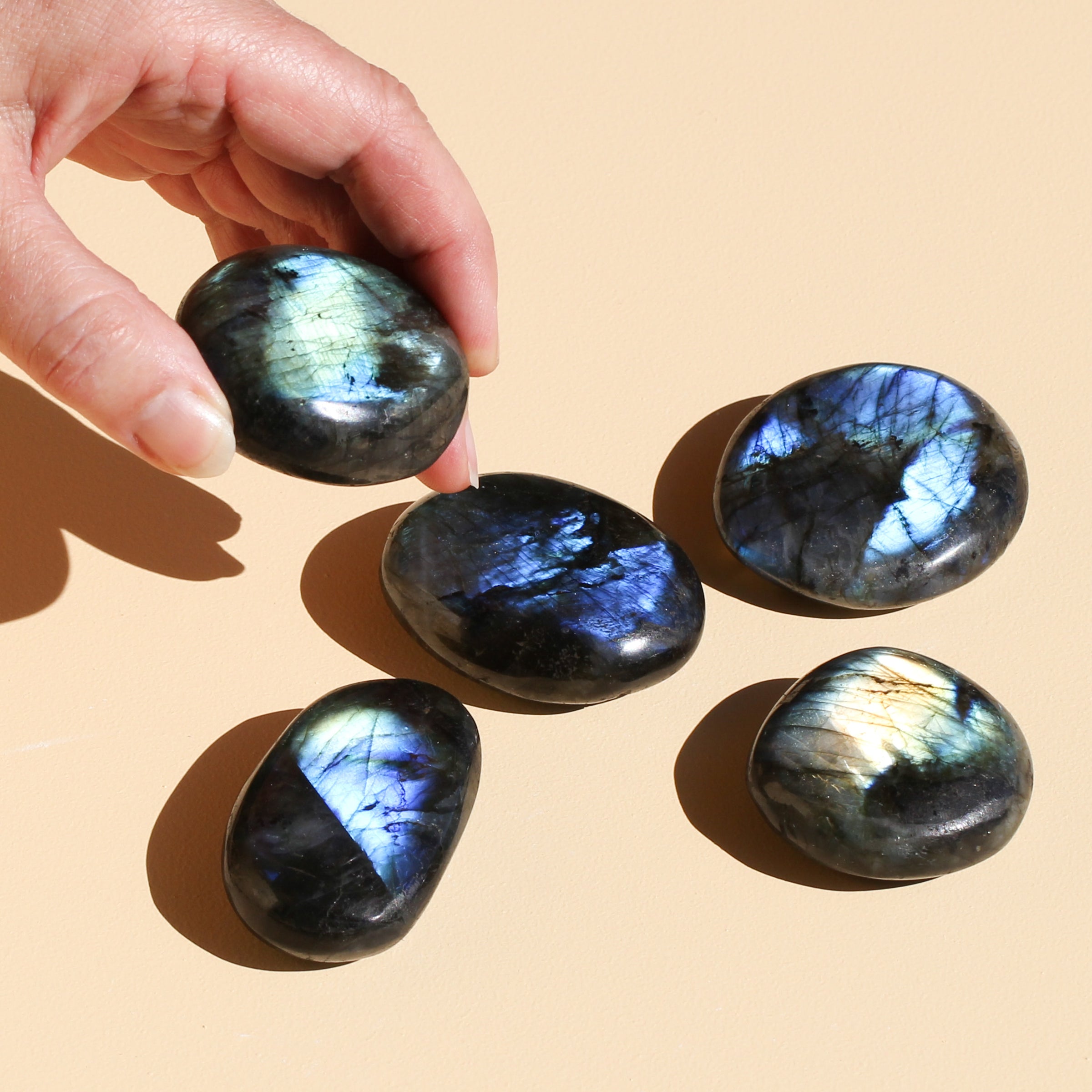 Five Labrodarite Palm Stones